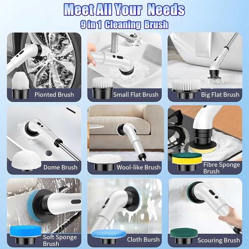 Electric Spin Scrubber, Cordless Bathroom Scrubber Brush with 9 Replaceable Heads,3-Speed Electric Scrubber with Adjustable Handle,IPX7 Shower Scrubber for Bathroom Tile,Kitchen Countertop,Car Trunk in Kuwait
