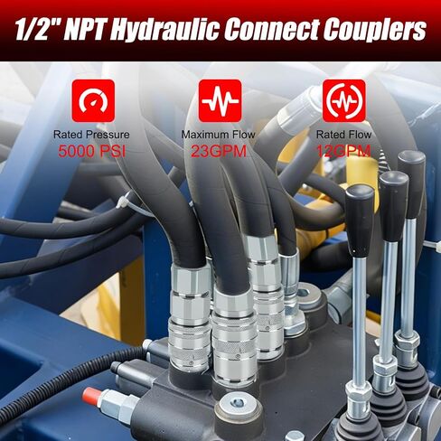 1/2’’ NPT Flat Face Hydraulic Quick Couplers, Skid Steer Hydraulic Couplers with 2PCS Dust Covers, Couplings Set for Agricultural Machinery, Construction Equipment & Industrial Hydraulic Testing in Kuwait