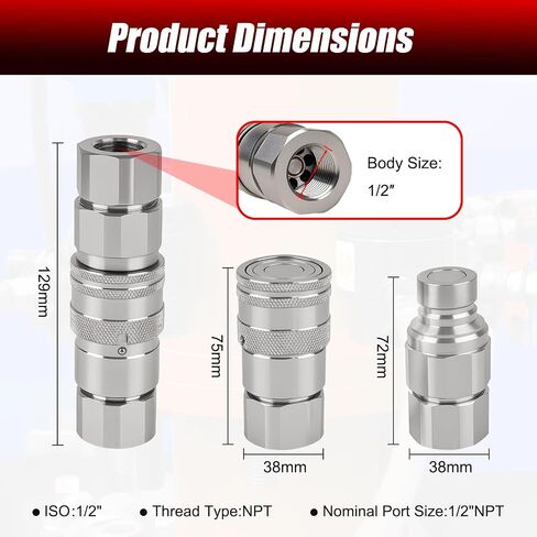 1/2’’ NPT Flat Face Hydraulic Quick Couplers, Skid Steer Hydraulic Couplers with 2PCS Dust Covers, Couplings Set for Agricultural Machinery, Construction Equipment & Industrial Hydraulic Testing in Kuwait