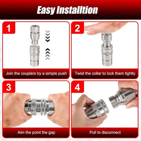 1/2’’ NPT Flat Face Hydraulic Quick Couplers, Skid Steer Hydraulic Couplers with 2PCS Dust Covers, Couplings Set for Agricultural Machinery, Construction Equipment & Industrial Hydraulic Testing in Kuwait
