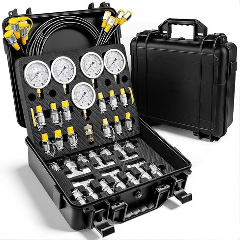Hydraulic Pressure Test Kit, 5 Gauges 10-600 Bar/150-10000 PSI, 13 Couplings, 14 Tee Connectors, 5 Hoses with Case, Pressure Gauge Tester for Excavator, Construction Machinery and Hydraulic Systems in Kuwait