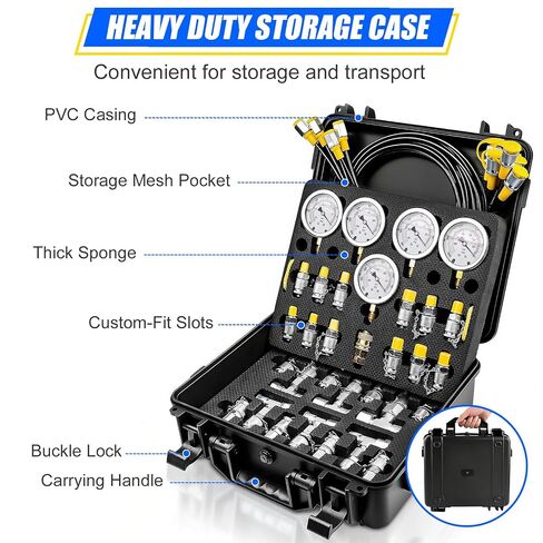 Hydraulic Pressure Test Kit, 5 Gauges 10-600 Bar/150-10000 PSI, 13 Couplings, 14 Tee Connectors, 5 Hoses with Case, Pressure Gauge Tester for Excavator, Construction Machinery and Hydraulic Systems in Kuwait