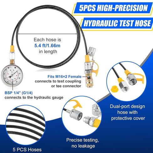 Hydraulic Pressure Test Kit, 5 Gauges 10-600 Bar/150-10000 PSI, 13 Couplings, 14 Tee Connectors, 5 Hoses with Case, Pressure Gauge Tester for Excavator, Construction Machinery and Hydraulic Systems in Kuwait