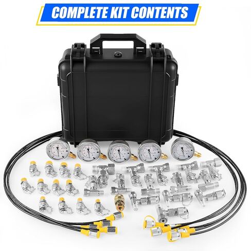 Hydraulic Pressure Test Kit, 5 Gauges 10-600 Bar/150-10000 PSI, 13 Couplings, 14 Tee Connectors, 5 Hoses with Case, Pressure Gauge Tester for Excavator, Construction Machinery and Hydraulic Systems in Kuwait