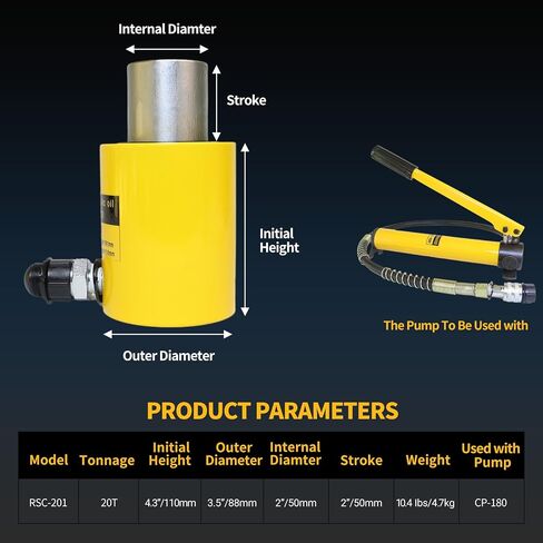 20 Ton Hydraulic Cylinder Jack, Heavy Duty 2 Inch Stroke Porta Power Ram with Hand Pump, Single Acting Lifting Cylinder for Machinery, Construction, Repair in Kuwait