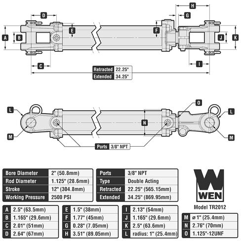 WEN 2500 PSI Tie Rod Hydraulic Cylinder with 2 in. Bore and 12 in. Stroke (TR-2012) in Kuwait