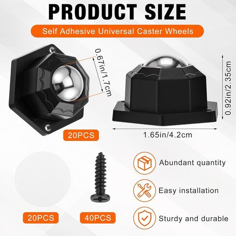 20 Pcs Self-Adhesive Ball Bearing Rollers, 360º Swivel Universal Ball Casters, Load Capacity 50 Lbs Per Caster Wheels for Trash Cans, Storage Cabinets, Small Furniture Appliances in Saudi Arabia