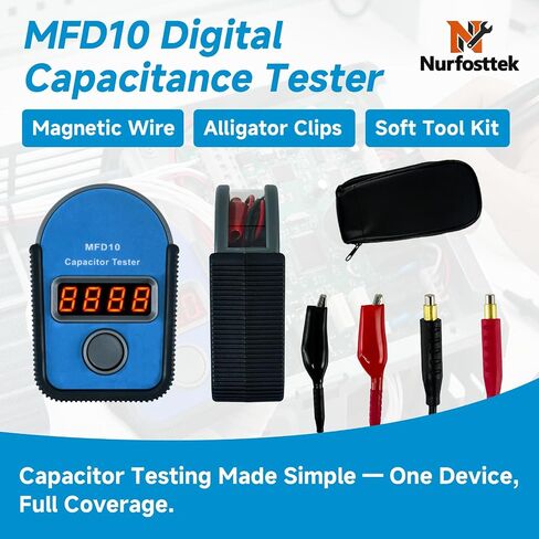 MFD10 Digital Capacitor Tester, 0.001-9999 μF Range, 5% Accuracy, with LED Display, Portable for HVAC, Home Appliance & Electronic Repair, Includes Magnetic Wires, Alligator Clips and Soft Tool Kit in Kuwait