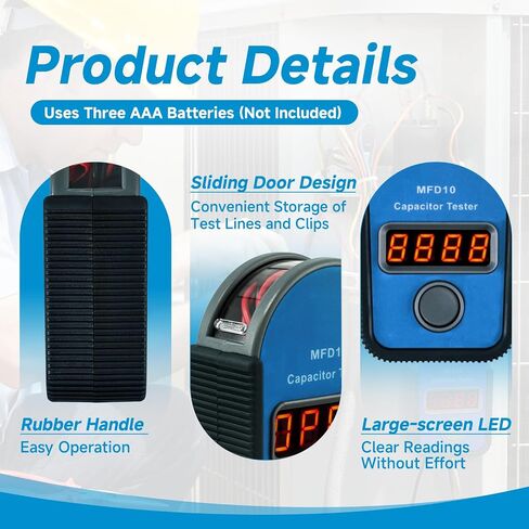 MFD10 Digital Capacitor Tester, 0.001-9999 μF Range, 5% Accuracy, with LED Display, Portable for HVAC, Home Appliance & Electronic Repair, Includes Magnetic Wires, Alligator Clips and Soft Tool Kit in Kuwait