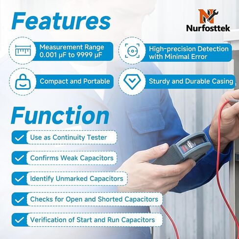 MFD10 Digital Capacitor Tester, 0.001-9999 μF Range, 5% Accuracy, with LED Display, Portable for HVAC, Home Appliance & Electronic Repair, Includes Magnetic Wires, Alligator Clips and Soft Tool Kit in Kuwait