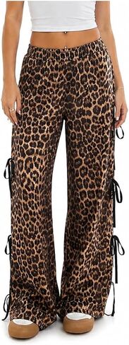 Leopard Print Wide Leg Pants Women Baggy Barrel Cheetah Sweatpants Casual Elastic Waist Loose Straight Streetwear in Saudi Arabia