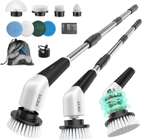YKYI Electric Spin Scrubber, Cordless Power Scrubber Cleaning Tool with 8 Replaceable Heads and Extension Handle for Bathroom, Tub, Tile, Floor, Grout and Car (White) in Kuwait