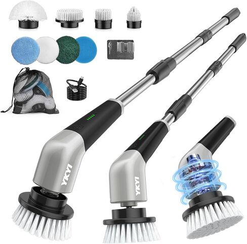 YKYI Electric Spin Scrubber, Cordless Power Scrubber Cleaning Tool with 8 Replaceable Heads and Extension Handle for Bathroom, Tub, Tile, Floor, Grout and Car (White) in Saudi Arabia