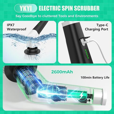YKYI Electric Spin Scrubber, Cordless Power Scrubber Cleaning Tool with 8 Replaceable Heads and Extension Handle for Bathroom, Tub, Tile, Floor, Grout and Car (White) in Saudi Arabia