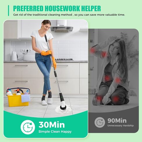 YKYI Electric Spin Scrubber, Cordless Power Scrubber Cleaning Tool with 8 Replaceable Heads and Extension Handle for Bathroom, Tub, Tile, Floor, Grout and Car (White) in Saudi Arabia