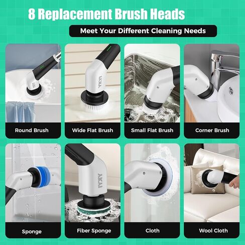 YKYI Electric Spin Scrubber, Cordless Power Scrubber Cleaning Tool with 8 Replaceable Heads and Extension Handle for Bathroom, Tub, Tile, Floor, Grout and Car (White) in Saudi Arabia