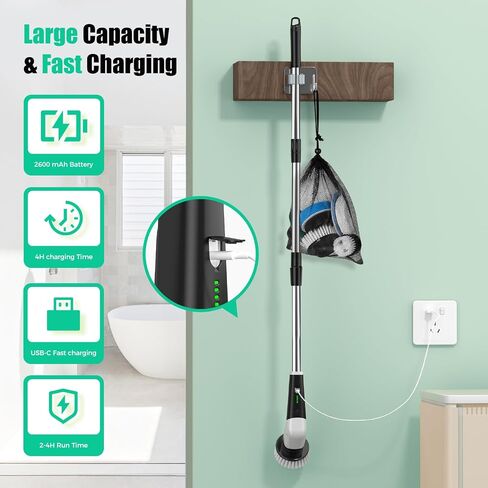 YKYI Electric Spin Scrubber, Cordless Power Scrubber Cleaning Tool with 8 Replaceable Heads and Extension Handle for Bathroom, Tub, Tile, Floor, Grout and Car (White) in Saudi Arabia