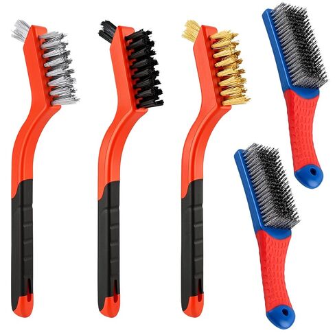 5PCS Wire Brush Set – 2 Heavy-Duty Steel Brushes with Rubber Handle & 3 Brass/Nylon/Stainless Steel Bristle Brushes for Rust, Paint & Grill Cleaning in Kuwait