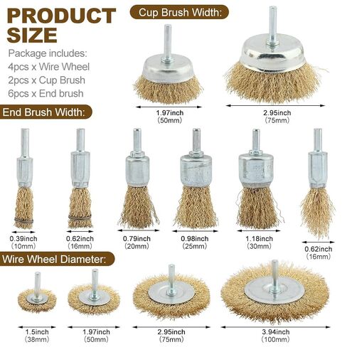 12Pcs Wire Brush Drill Attachments, Brass Wire Wheel Brush Kit for Drill, Carbon Steel Cup & End Brushes, for Metal Stripping, Rusts & Paint Removal, for Drill 1/4inch Shank in Kuwait