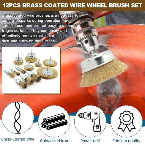 12Pcs Wire Brush Drill Attachments, Brass Wire Wheel Brush Kit for Drill, Carbon Steel Cup & End Brushes, for Metal Stripping, Rusts & Paint Removal, for Drill 1/4inch Shank in Kuwait