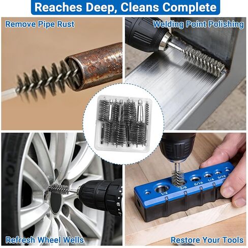 Wayona 12PCS Sizes Stainless Steel Bore Brush Set (5/16"-1-3/16"), Wire Brushes for Drill Rust Removal,Drill Wire Brush Attachment for Cleaning with 1/4" Hex Shank in Kuwait