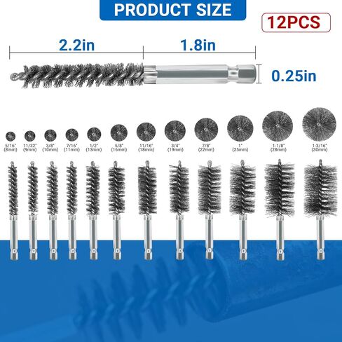 Wayona 12PCS Sizes Stainless Steel Bore Brush Set (5/16"-1-3/16"), Wire Brushes for Drill Rust Removal,Drill Wire Brush Attachment for Cleaning with 1/4" Hex Shank in Kuwait