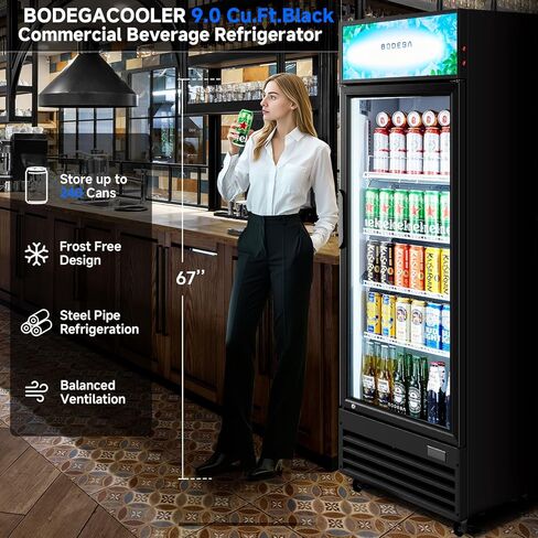 BODEGA BODEGACOOLER ثلاجة مشروبات تجارية بحجم 9.0 قدم مكعب مع باب زجاجي، ومبرد مشروبات سريع التبريد للتاجر، وثرموستات رقمي، وإضاءة LED - تغلب على حرارة الصيف ليوم اللعبة. in Kuwait