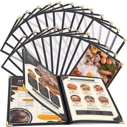 Menu Covers 2 Pack 8.5x11" 3-Page 6-Side, Clear PVC Menu Holders with Black Trim & Gold Corners, Durable Menu Protectors for Restaurants/Cafés in Kuwait