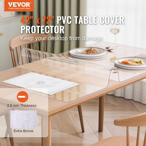 VEVOR Plastic Table Cover, 42 x 72 Inch 2.0 mm Thick Clear Rectangle PVC Desk Mat Protector, Waterproof & Easy Cleaning Desk Pad Tablecloth, for Office, Dresser, Dining Room, Night Stand in Kuwait