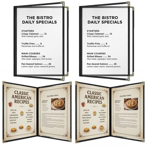 Restaurant Menu Covers 8.5 x 11 – Black Faux Leather Menu Holder with Gold Corners, 2 Pages 4 Views, Waterproof Menu Covers for Restaurants, Cafes & Bars in Kuwait