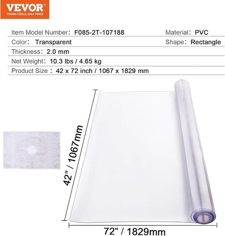 VEVOR Plastic Table Cover, 42 x 72 Inch 2.0 mm Thick Clear Rectangle PVC Desk Mat Protector, Waterproof & Easy Cleaning Desk Pad Tablecloth, for Office, Dresser, Dining Room, Night Stand in Kuwait