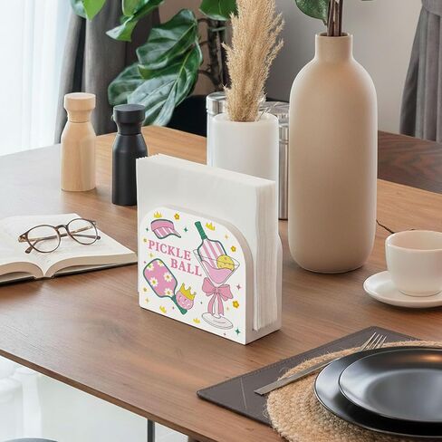 Pink Coquette Bow Pickleball Cocktail Wood Napkin Holder, Pickleball Lovers Gifts Wooden Standing Napkin Dispenser for Table Home Kitchen Bar Lounge Girls Bedroom Decorations in Kuwait