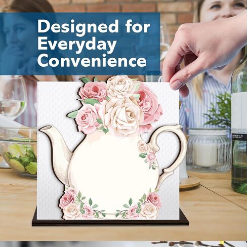 Teapot Wooden Napkin Holder, Pink Rose Floral Teapot Tissue Dispenser, Rustic Tea Party Decor for Table Kitchen Dining Room Home in Kuwait