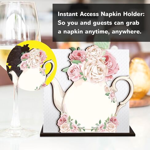 Teapot Wooden Napkin Holder, Pink Rose Floral Teapot Tissue Dispenser, Rustic Tea Party Decor for Table Kitchen Dining Room Home in Kuwait