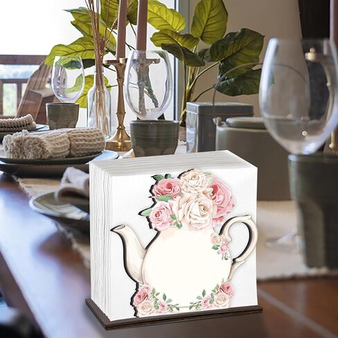 Teapot Wooden Napkin Holder, Pink Rose Floral Teapot Tissue Dispenser, Rustic Tea Party Decor for Table Kitchen Dining Room Home in Kuwait