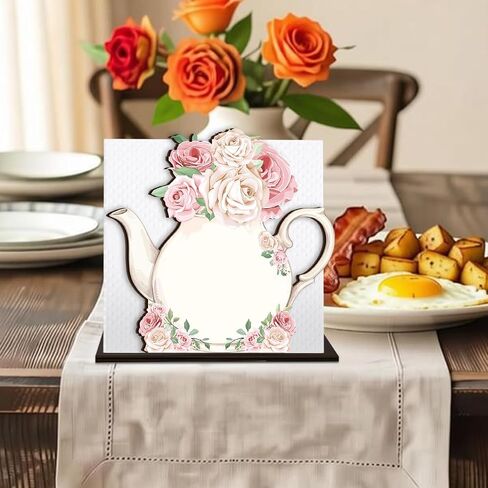 Teapot Wooden Napkin Holder, Pink Rose Floral Teapot Tissue Dispenser, Rustic Tea Party Decor for Table Kitchen Dining Room Home in Kuwait