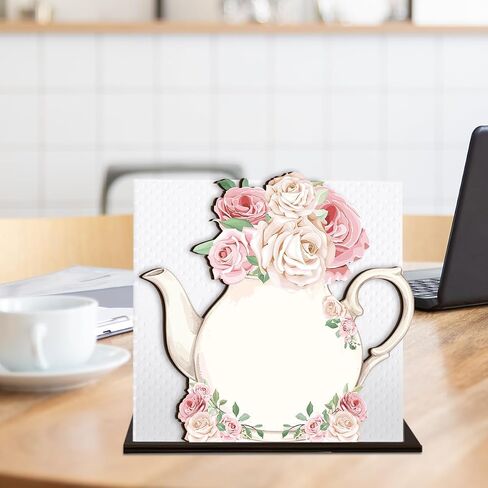Teapot Wooden Napkin Holder, Pink Rose Floral Teapot Tissue Dispenser, Rustic Tea Party Decor for Table Kitchen Dining Room Home in Kuwait