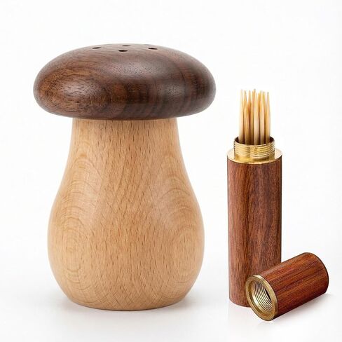 Ugotit Wooden Mushroom Toothpick Holder Dispenser Set | With Toothpicks, Portable Toothpick Holder for Purse Pocket Travel, Unique Housewarming Gift, Cottagecore, Refillable in Kuwait