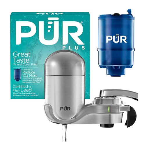 PUR Plus Vertical Faucet Mount Water Filtration System, Lead-Reducing Filter, Great-Tasting, Easy Install, Lasts 100 Gallons, Faucet Water Filter, Compatible with Sinks with External Aerators, Chrome in Kuwait