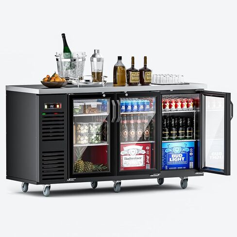 Coolake 21.6 Cu.Ft. 3 Glass Doors Commercial Back Bar Cooler, 33-41℉ Stainless Steel Top Back Beverage Refrigerator, 72" Left Side Compressor Back Bar Refrigerator for Brews Ales Garnishes in Kuwait