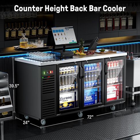 Coolake 21.6 Cu.Ft. 3 Glass Doors Commercial Back Bar Cooler, 33-41℉ Stainless Steel Top Back Beverage Refrigerator, 72" Left Side Compressor Back Bar Refrigerator for Brews Ales Garnishes in Kuwait