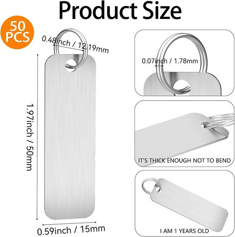 CareForge 50Pack 304 Stainless Steel Engraving Blanks 2x0.6 Inch with Key Rings, Metal Stamping Laser Engraving Blanks Bulk for Dog Tags, Keychains, Metal Business Cards in Kuwait