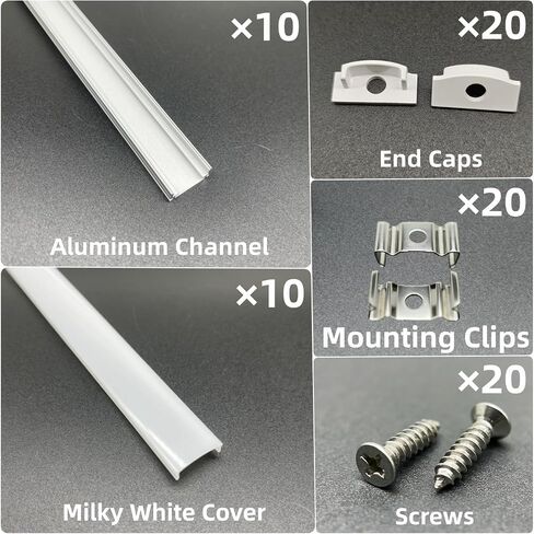 U Shape LED Aluminum Channel System, 10-Pack, 3.3ft/1Meter, Silver with Milky White Cover, Includes End Caps and Mounting Clips in Kuwait