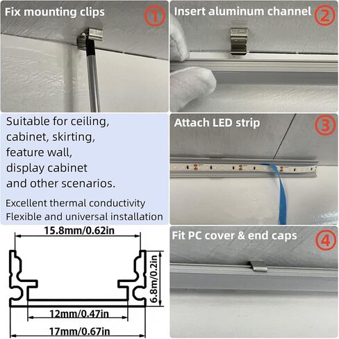 U Shape LED Aluminum Channel System, 10-Pack, 3.3ft/1Meter, Silver with Milky White Cover, Includes End Caps and Mounting Clips in Kuwait