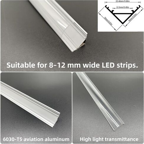 10-Pack 3.3ft/1Meter V-Shape LED Aluminum Channel System with Clear Cover, End Caps and Mounting Clips, Easy to Install, Suitable for Various LED Strip Lights with a Width of 8-12mm in Kuwait