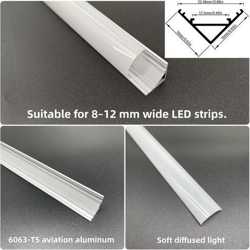 مجموعة قنوات ألومنيوم LED على شكل حرف V، 10 عبوات، 3.3 قدم/1 متر، غطاء حليبي، أغطية طرفية ومشابك تثبيت، لشرائط LED بعرض 8-12 مم in Kuwait