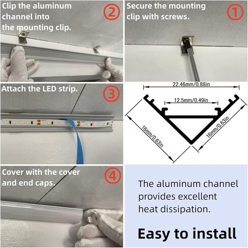 مجموعة قنوات ألومنيوم LED على شكل حرف V، 10 عبوات، 3.3 قدم/1 متر، غطاء حليبي، أغطية طرفية ومشابك تثبيت، لشرائط LED بعرض 8-12 مم in Kuwait