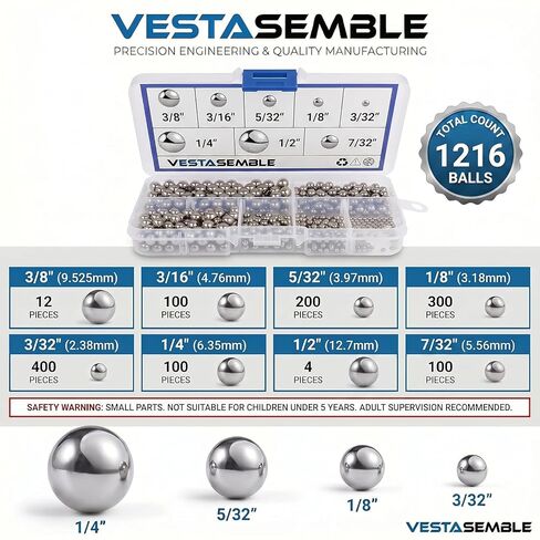 1216Pcs G100 Chrome Steel Ball Bearings Kit - AISI 52100 High Carbon Steel, 8 Sizes (1/2" to 3/32") for Ball Bearings, Drawer Slides Repair & Baleros Replacement in Kuwait