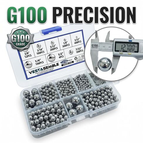 1216Pcs G100 Chrome Steel Ball Bearings Kit - AISI 52100 High Carbon Steel, 8 Sizes (1/2" to 3/32") for Ball Bearings, Drawer Slides Repair & Baleros Replacement in Kuwait