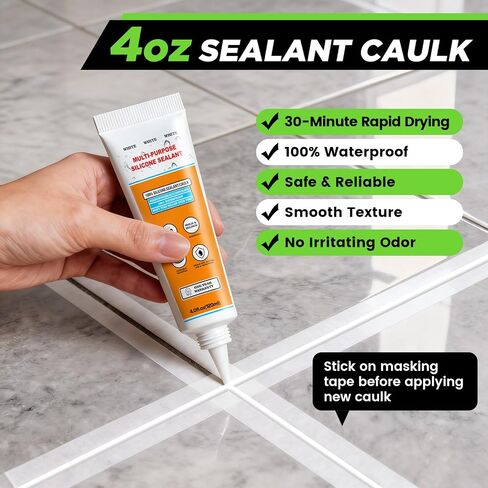 White Silicone Caulk Set-12oz Waterproof Silicone sealant,5 in 1 Caulk Tool with Caulk Remover Tool & Caulk Finishing Tool,Silicone Caulking Tool Kit of Bathroom Caulk, Shower Caulk, Bathtub Caulk in Kuwait
